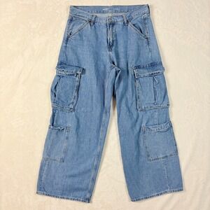 Old Navy Jeans Women Sz 6 Mid Rise Baggy Wide Leg Drapey Denim Cargo Light Wash